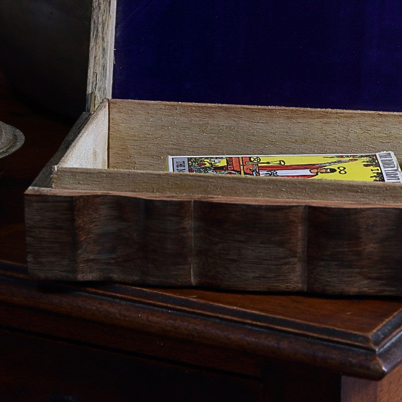 carved wooden triple moon box with a standard sized rider waite- smith tarot deck inside