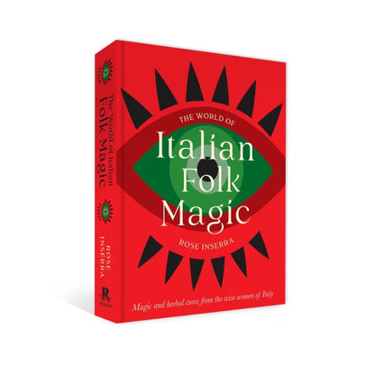 Book titled 'The World of Italian Folk Magic' with a red cover and green eye design on a white background.