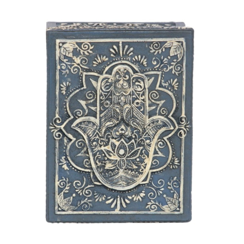 blue box with hamsa hand design on it