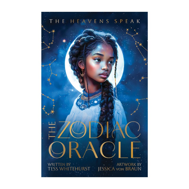 deck cover of 'The Zodiac Oracle' with a young girl and celestial design.