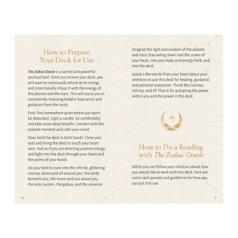 Instructions on preparing a deck for use with a Zodiac Oracle on a beige background