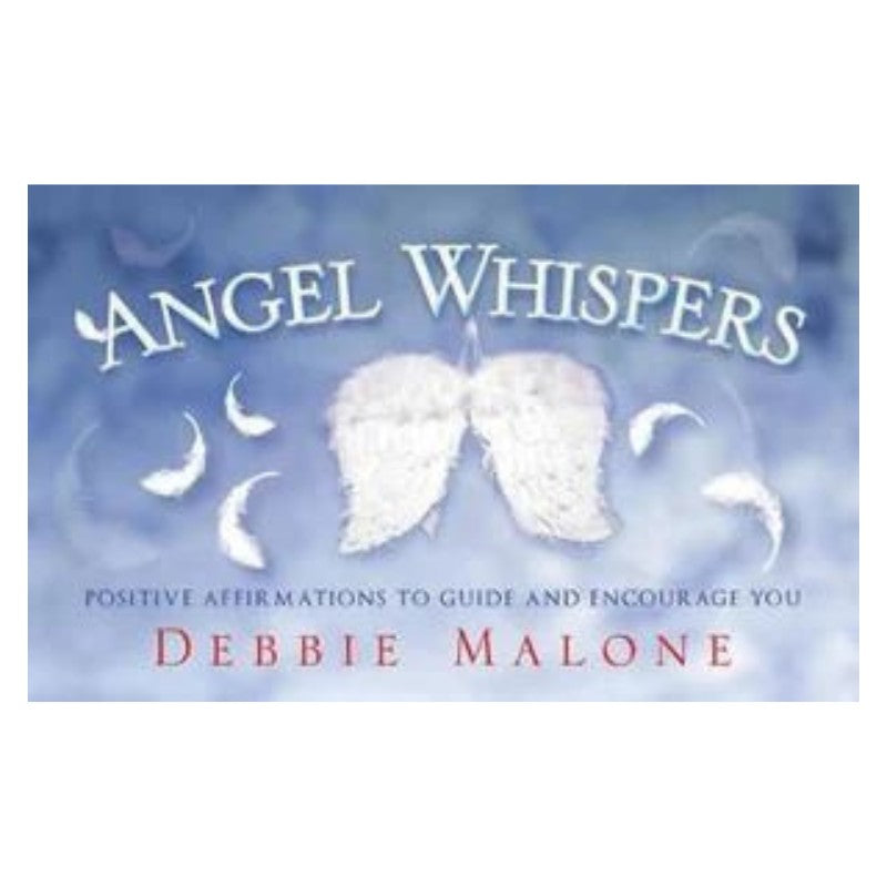 front of the angel whispers card deck by by debbie malone showing a pair of white angel wings on a blue background