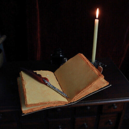 antique paper leather journal and feather pen in front of a red feather pen