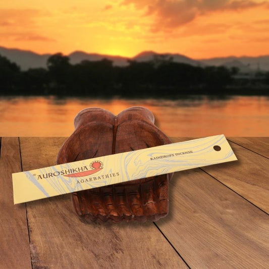 pk of auroshikha incense sitting on a carved wooden hand on a jetty, in front of a golden sunset