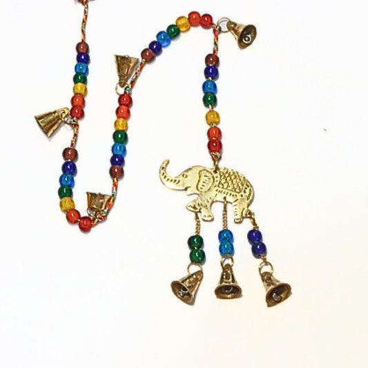 string of brass bells with elephant and colourful beads