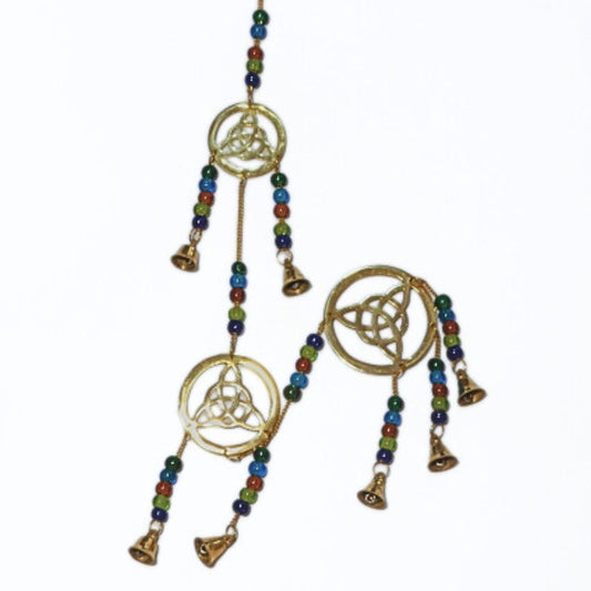 string of brass bells with 3 triquetra symbols and coloured beads