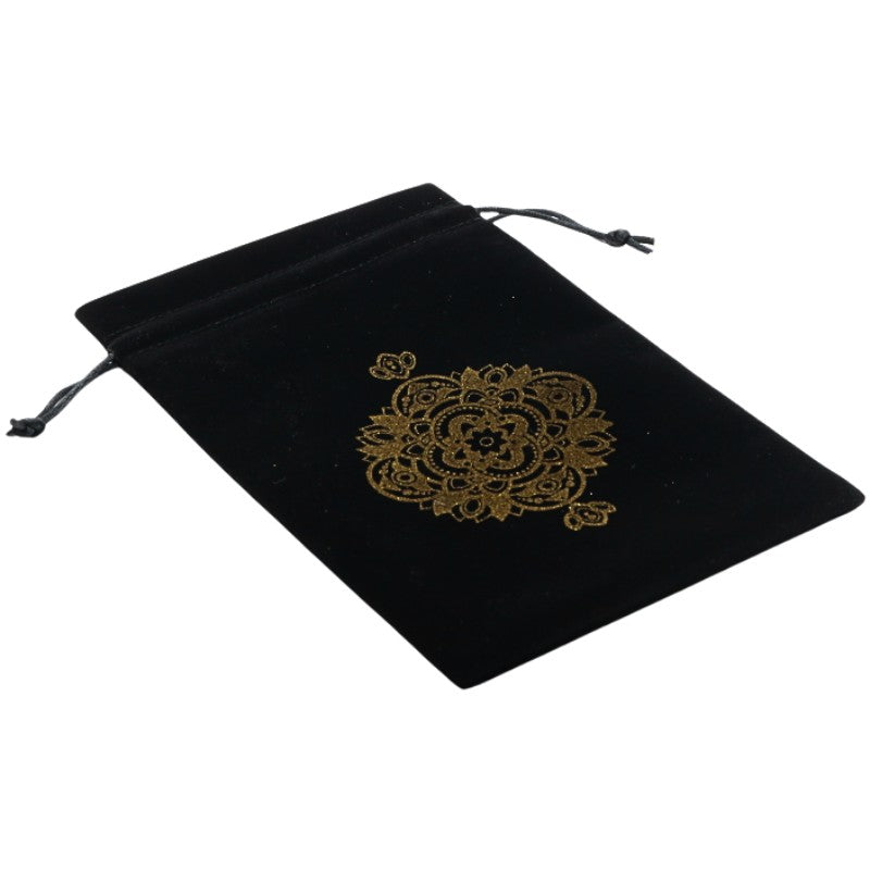 black drawstring velvet tarot bag with gold mandala design 