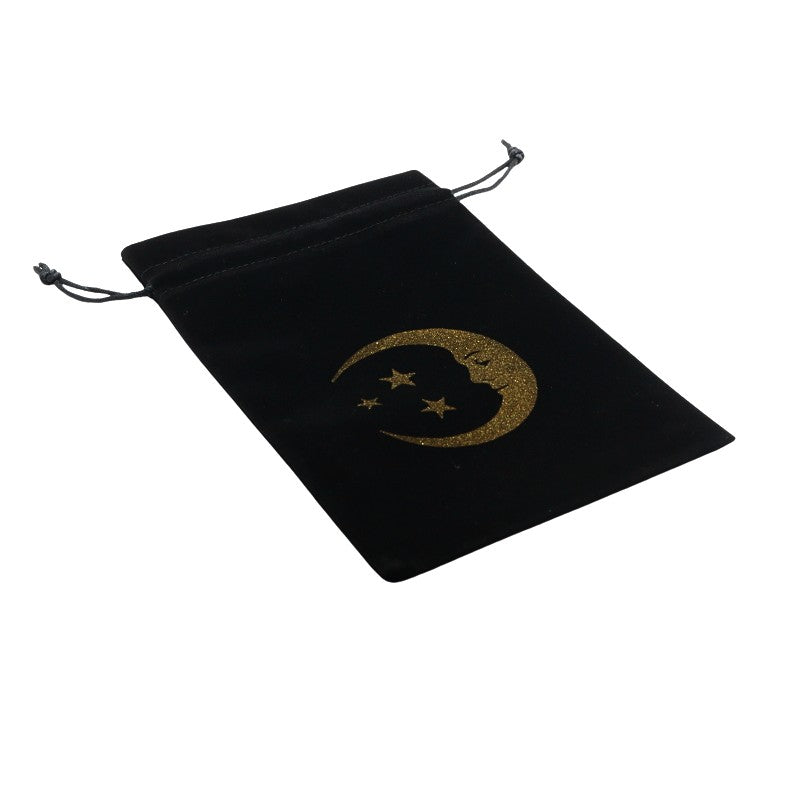 black drawstring velvet tarot bag with gold moon design 