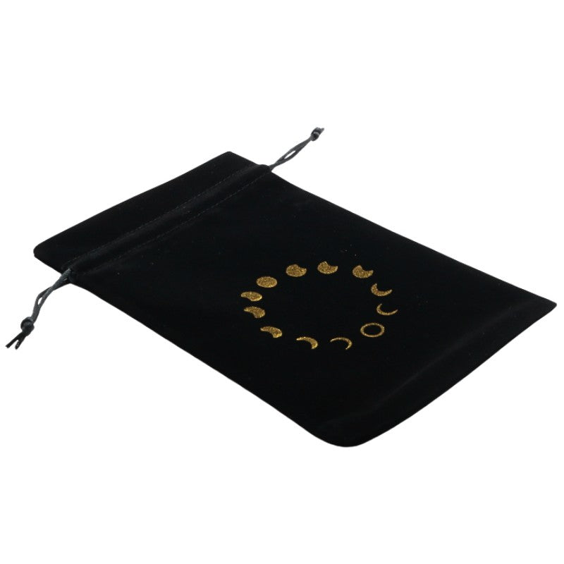 black drawstring velvet tarot bag with gold moon phase design 