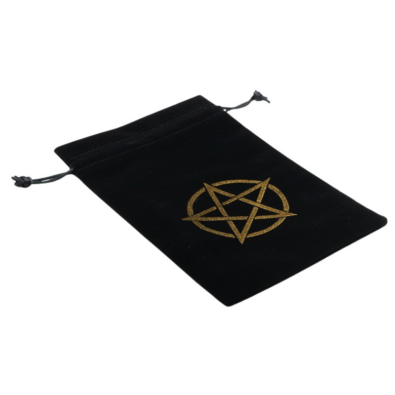 black drawstring velvet tarot bag with gold pentacle  design 