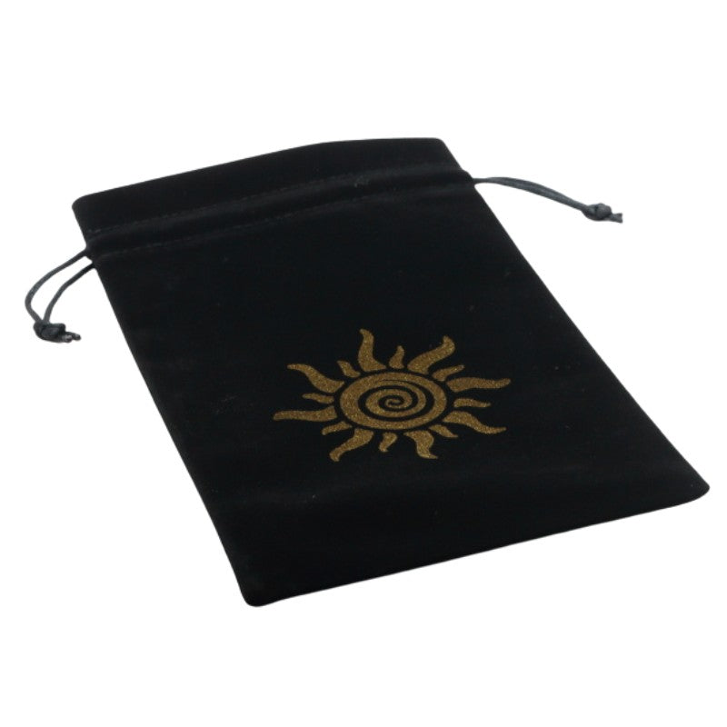 black drawstring velvet tarot bag with gold spiral sun design 