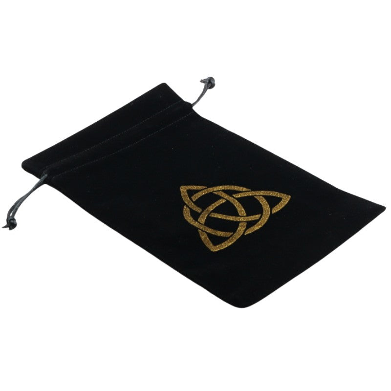 black drawstring velvet tarot bag with gold triquetra design 