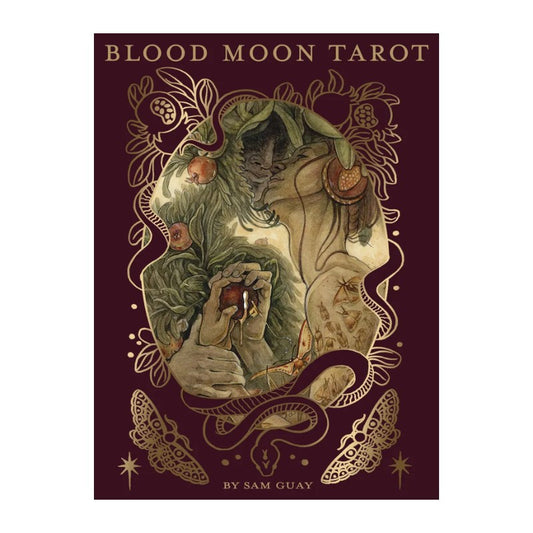 tarot deck cover of 'Blood Moon Tarot' by Sam Guay with a fantasy design on a dark red background.