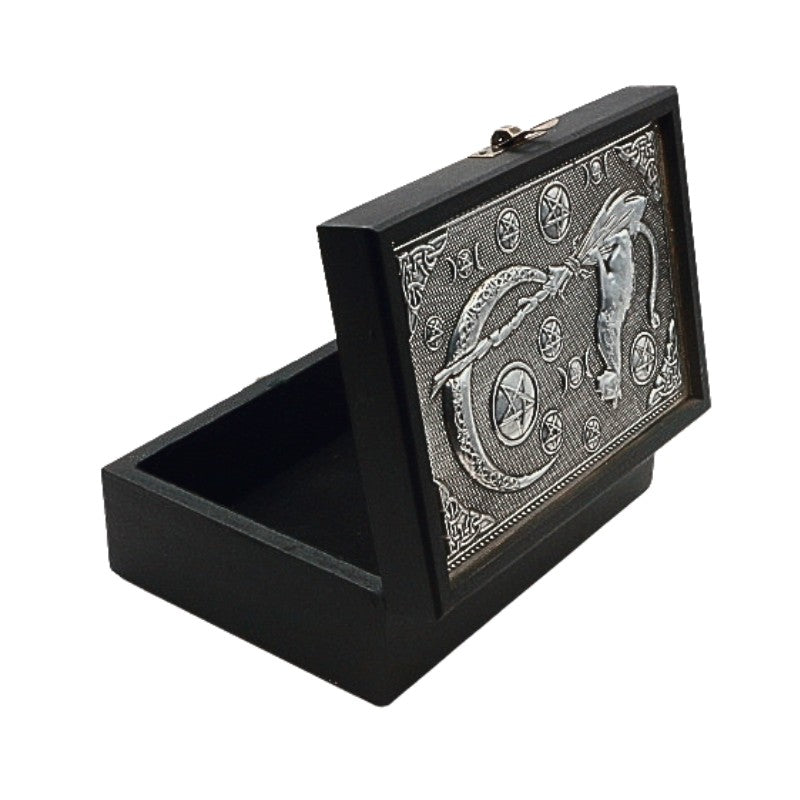 Decorative black box with silver cat design on a white background
