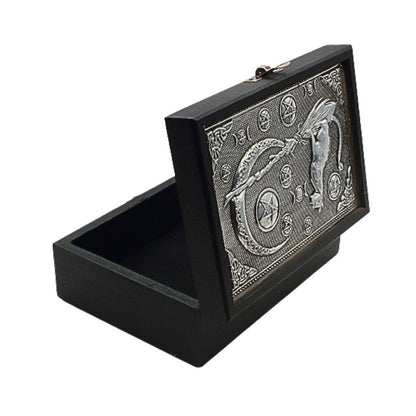 Decorative black box with silver cat design on a white background

