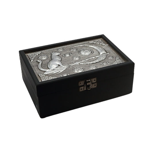 Decorative black box with silver cat design on a white background