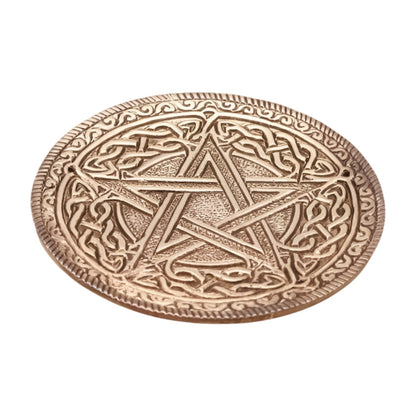 aluminium incense holder with a pentacle design and celtic knot around border