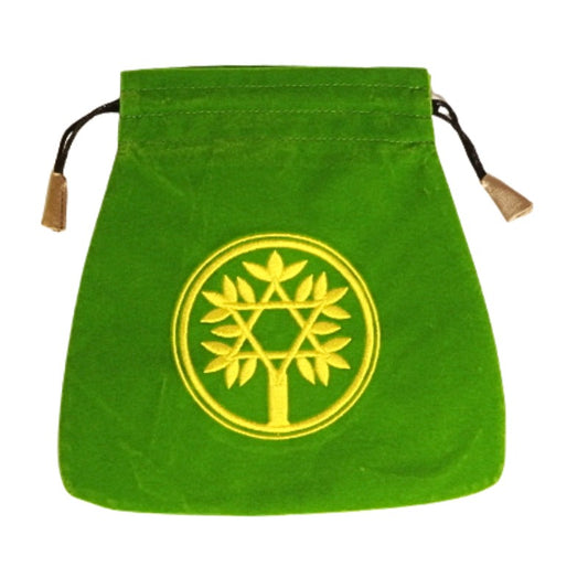 lime green tarot bag with yellow tree and star of david embroidered on front