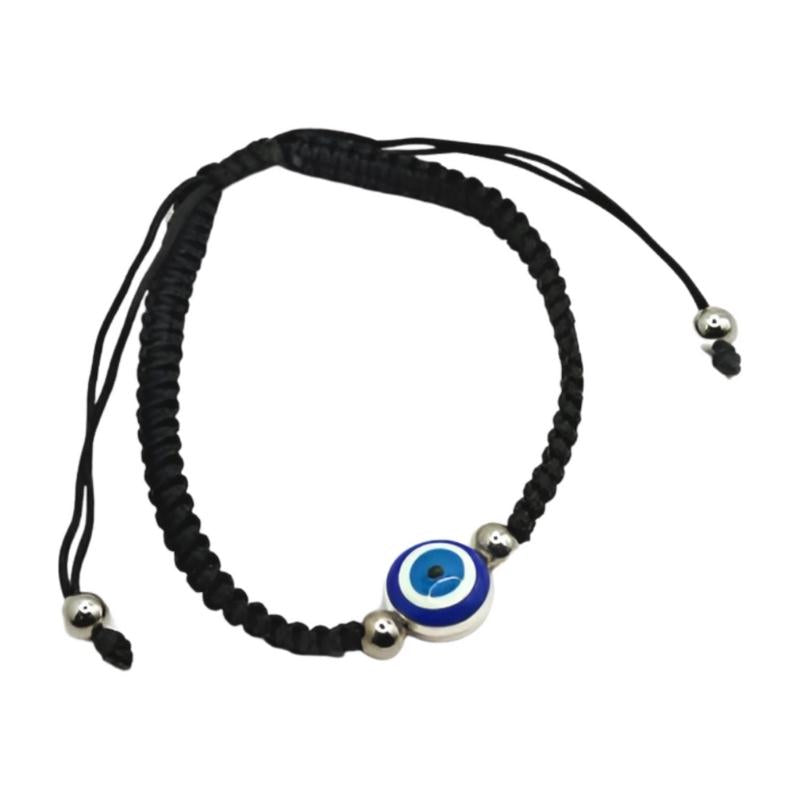 blac adjustable bracelet with a blue evil eye bead at the centre