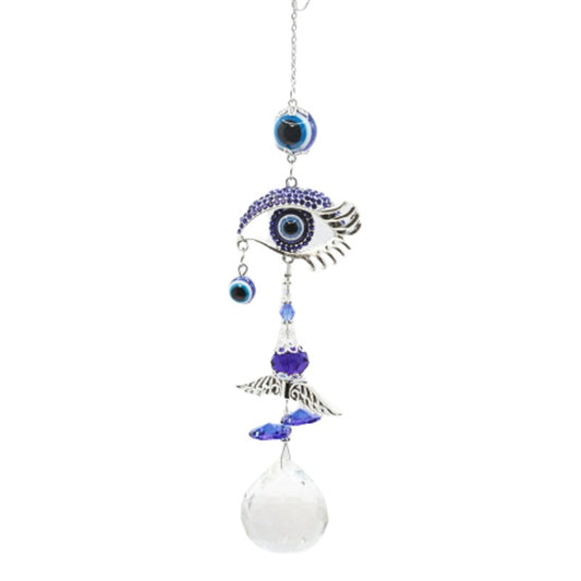 sun catcher faceted bead hanging from a chain below a series of blue and white eye bead designs set in metal surrounds