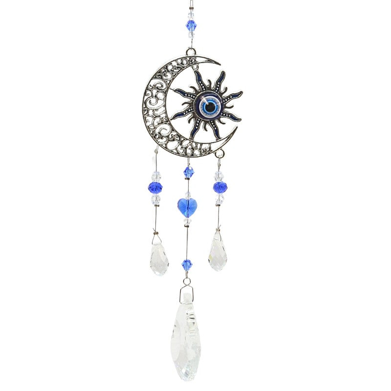 3 sun catcher faceted beads hanging from chain below a  metal star and sun design featuring the blue and white eye 'evil eye'