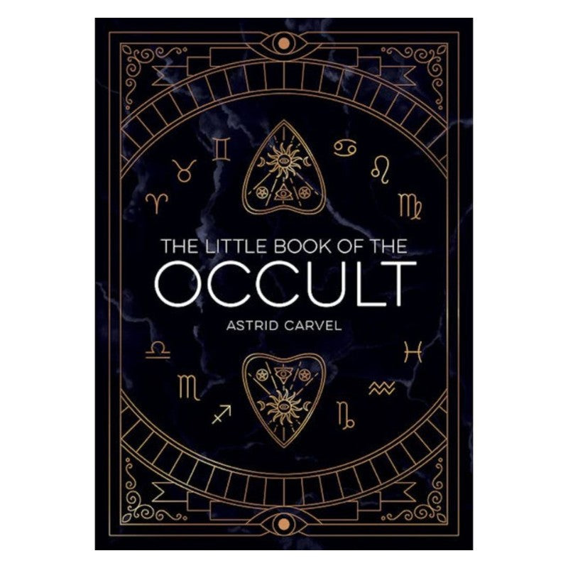 front cover of "The Little Book of the Occult" book showing gold lettering,  ouija pointers &  astrology signs on a black background