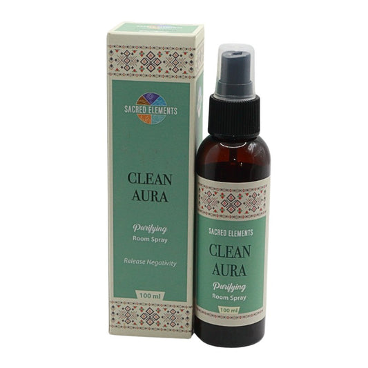 clean aura purifying room spray bottle next to packaging box