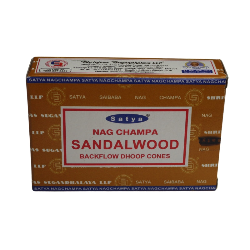 light brown box of incense cones with blue borders and a white label on the front  with a red border, blue and white ellipse Satya trademark logo on the front with product name written in red