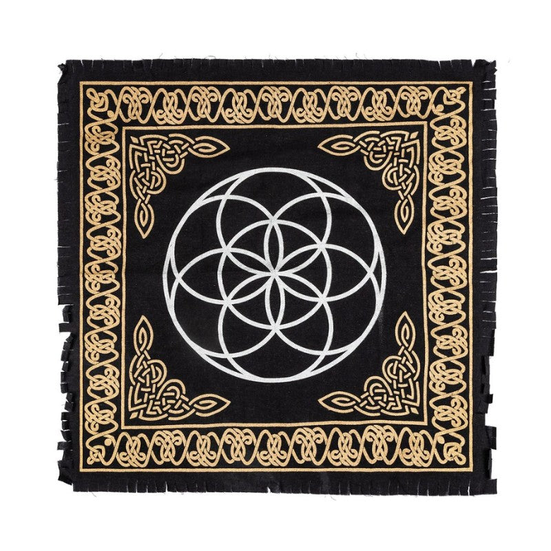 Black altar cloth  with gold border and white seed of life geometric design on a white background