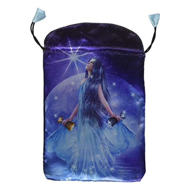 purple/blue tarot bag with image of a woman holding two cups upside down