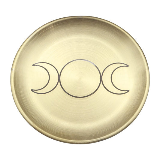 A round, brushed brass or gold-toned metal plate featuring a central triple moon symbol in dark gray, isolated on a white background.