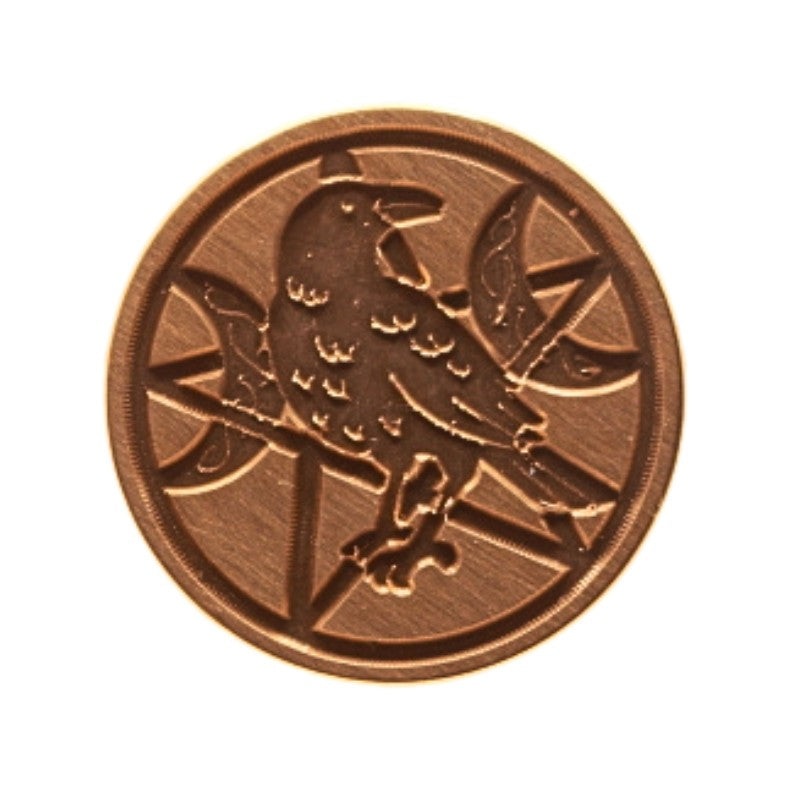 head of a Brass wax seal stamp with a raven and triple moon pentacle design 