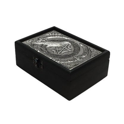 Black jewelry box with silver pentagram and raven design on a white background
