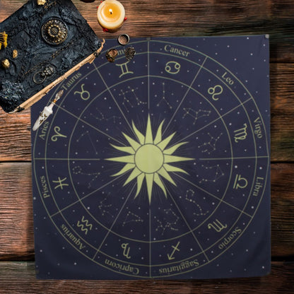 Blue Tarot Cloth/ Altar Cloth/ Wheel of the Zodiac Astrology Wall Hanging