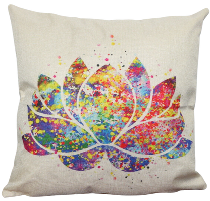 printed rainbow coloured lotus flower on a linen cushion cover