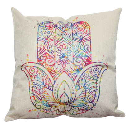Linen 45cm Square Cushion with rainbow chamsa (hamsa) symbol printed on front