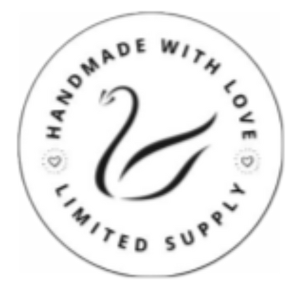 Black bold uppercase writing saying "Handmade with love, limited supply" written in a circle around cygnet studio's logo of a black swan in a white circle