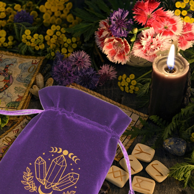 purple tarot bag with gold moon and crystal print on a table with runes , tarot cards and carnation flowers