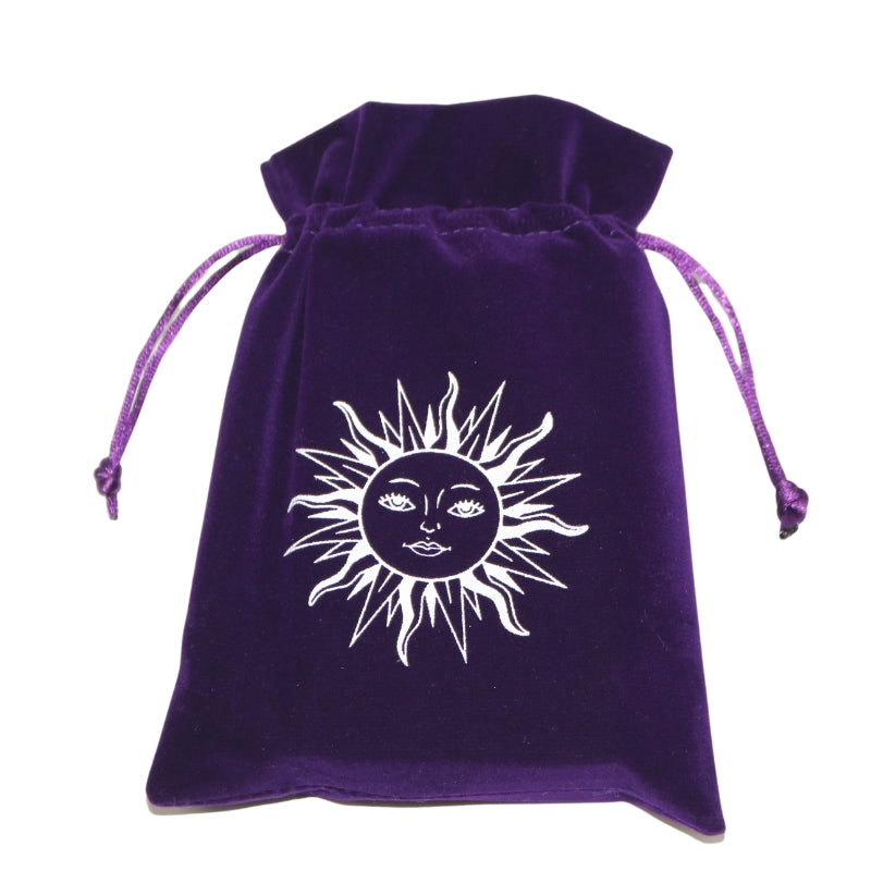 purple tarot bag with sun printed in white on the front