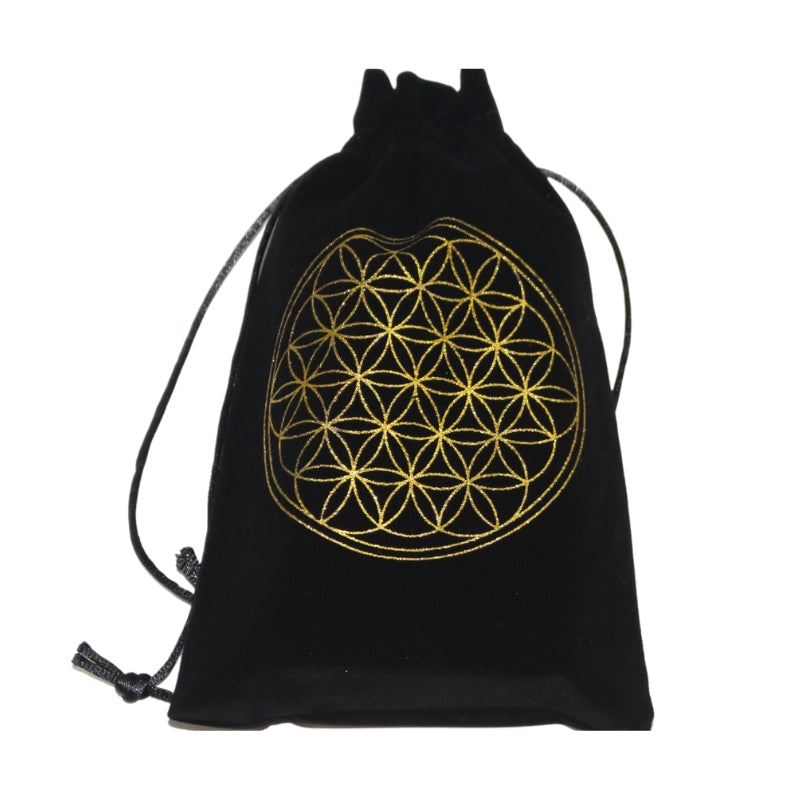 black  tarot bag with gold flower of life print- sold by cygnet studio