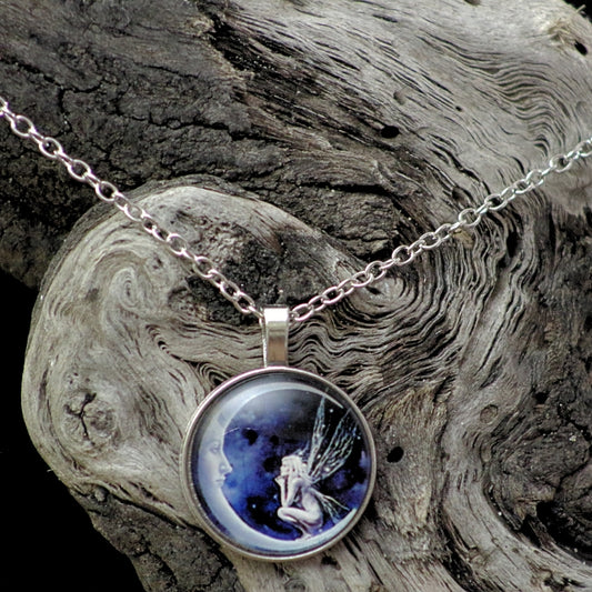 Glass Cabochon Fairy and Moon Pendant Silver Necklace-Fairycore Jewellery