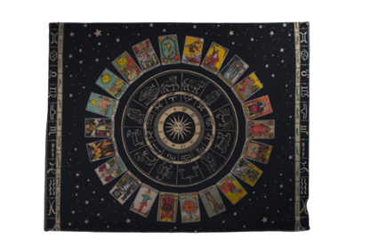 black wall hanging with the major arcana tarot cards circled around the centre. Astrological signs  along the right and left  sides and in the centre of the tarot cards. 
