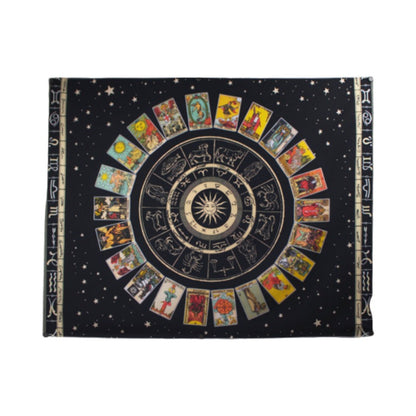 black wall hanging with the major arcana tarot cards circled around the centre. Astrological signs  along the right and left  sides and in the centre of the tarot cards. 