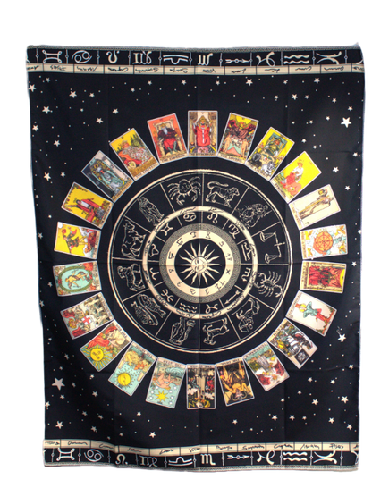 black wall hanging featuring major arcana tarot cards and astrological zodiac wheel