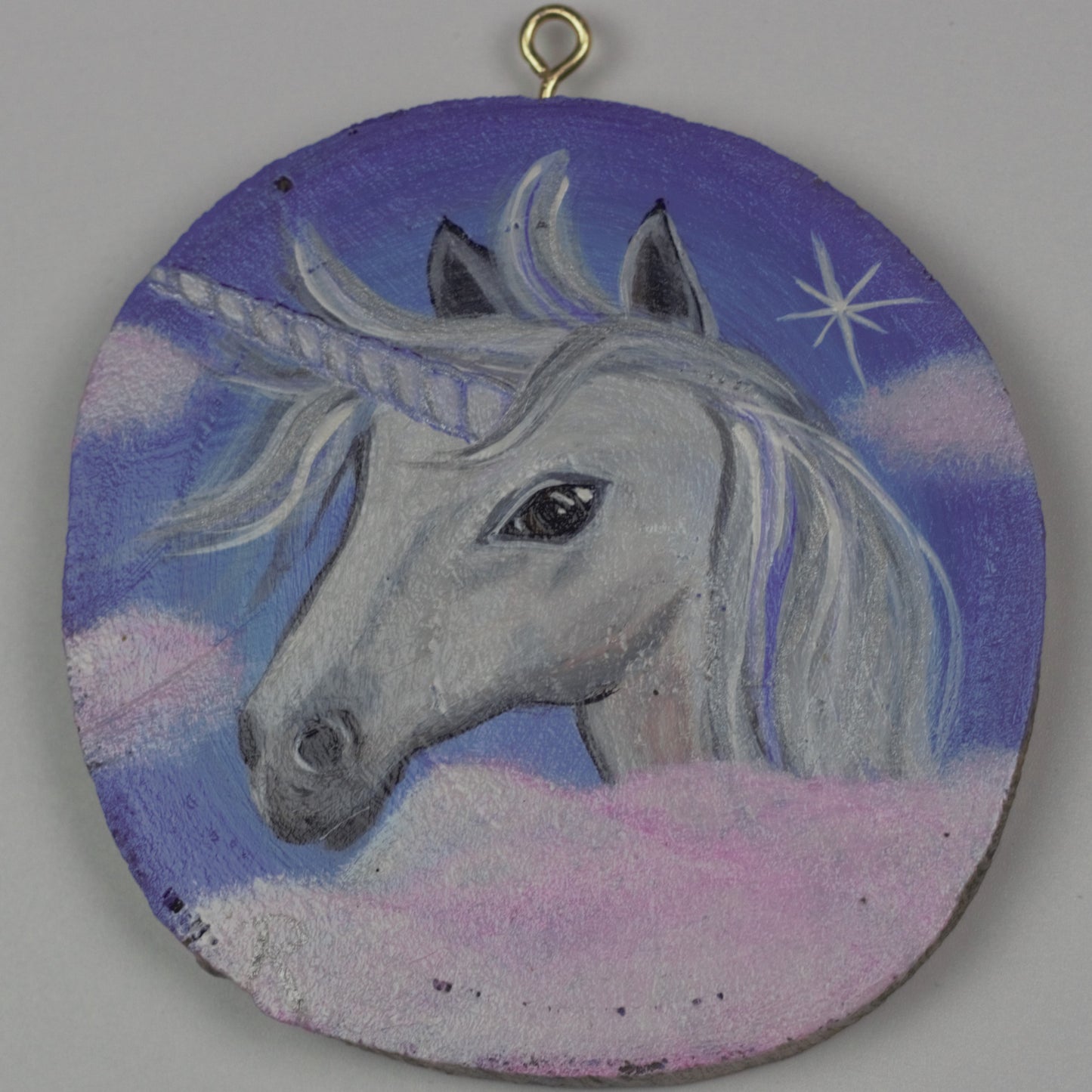 hand painted unicorn wood round ornament 